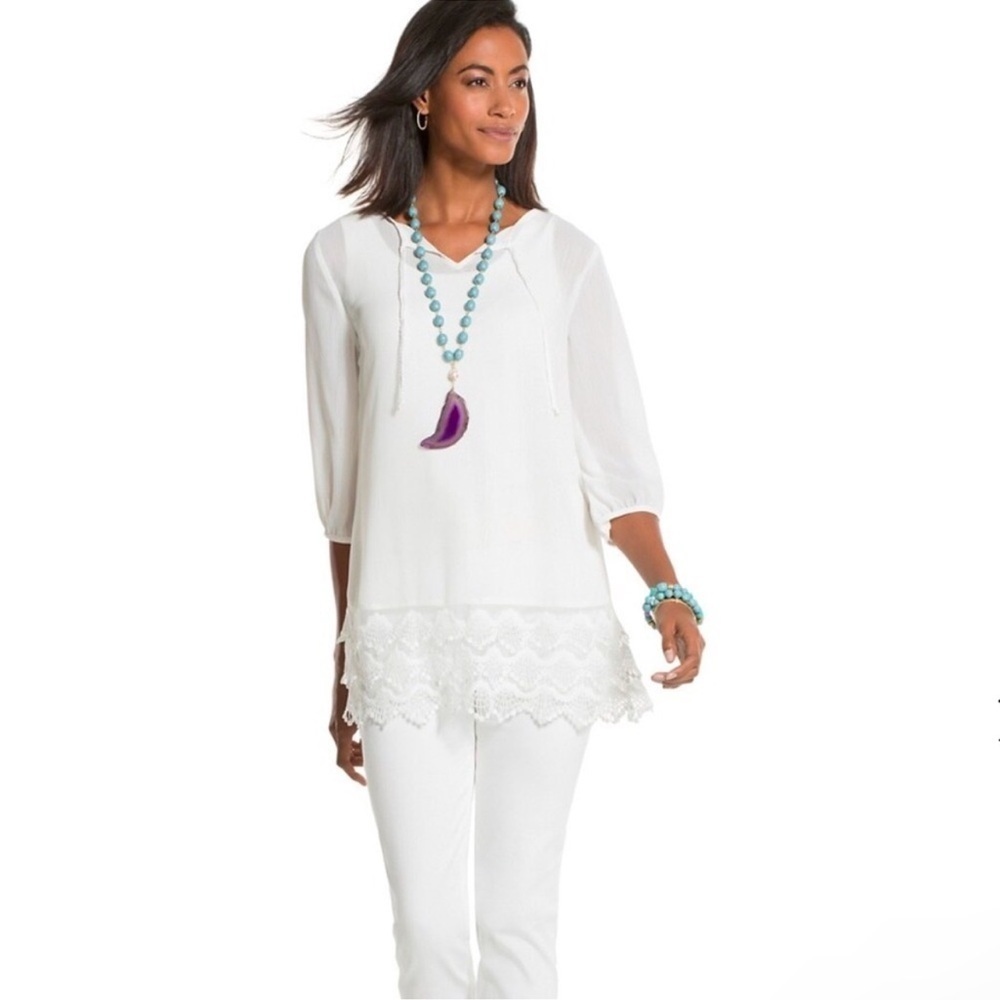 Sz 3 Chicos Top Womens Medium White Peasant Lace
Keyhole Neck Boho